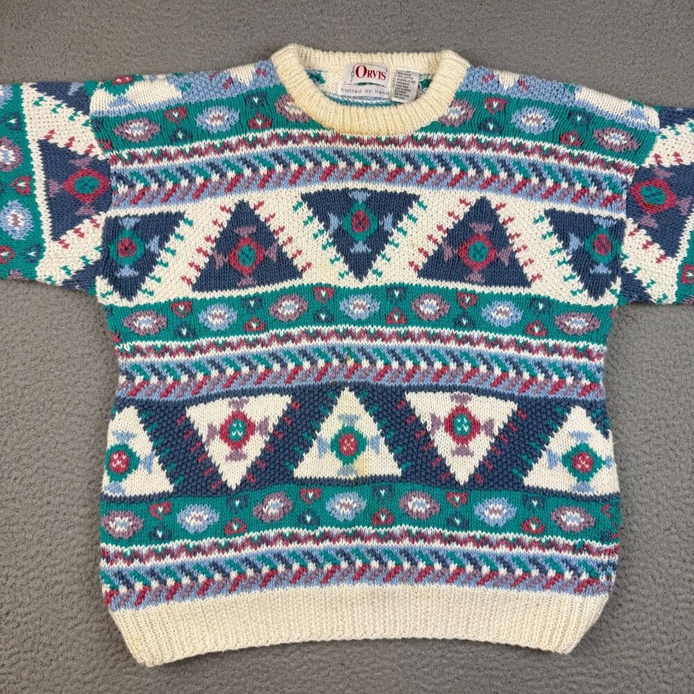 Orvis Sweater Mens Medium Cream Multicolor Geometric Aztec Crewneck Hand Knitted - Picture 4 of 9